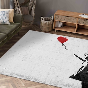 Living Room Rug, Chenille Rug, Personalized Rug, Anti-Slip Carpet, Graffiti Rug, Heart Balloon With Girl Rugs, Banksy Rug, Hallway Rug,