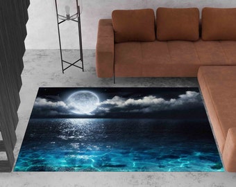 Office Decor Rug, Area Rug, Decorative Rug, Non Slip Rug, Landscape Rug, Moon Over the Sea Rugs, Moon Lover Gift, Sea Rug, Salon Rug,