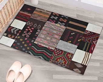 Bohemian Eclectic Kilim Carpet, Patchwork Kilim Bath Mat, Tribal Pattern Shower Rug, Handwoven Style Bathroom Decor, Eclectic Floor Accent