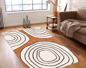 Modern Abstract Rug, 5x7 Retro Line Pattern Carpet, Bohemian Style Living Room Rug, Kitchen Hallway Entry, Contemporary Boho Bedroom Rug,