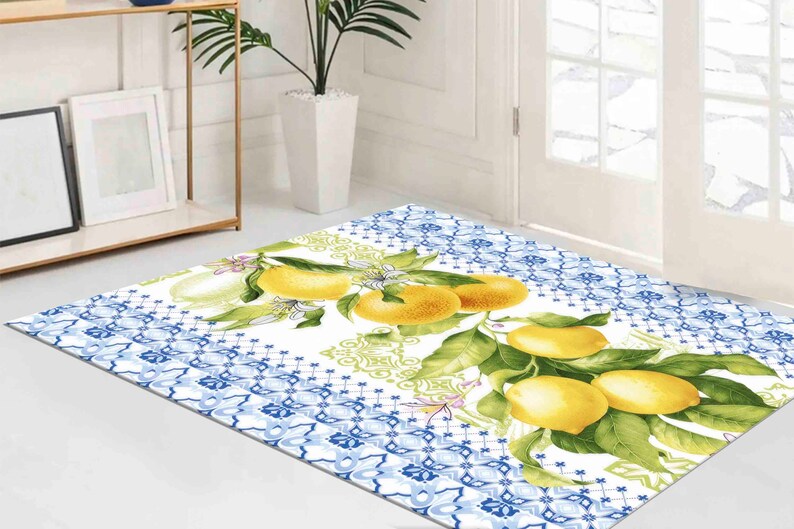 Lemon Pattern Rug, Lemon Rugs, Blue Rugs, Modern Rug, Outdoor Rug, Car Mat, Anti-Slip Carpet, Classic Rug, Door Mat, Thin Rug, Yellow Rug, image 3