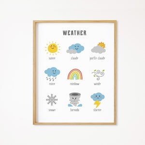 Affiche météo, impression météo, décoration murale pour enfant, affiche éducative, décoration d'école à la maison, chambre de bébé Montessori, salle de jeux pour tout-petits, téléchargement numérique