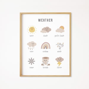 Affiche météo, affiche éducative, déco de salle de classe bohème, école à la maison à imprimer, chambre de bébé Montessori, déco enfant bohème, TÉLÉCHARGEMENT NUMÉRIQUE