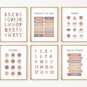 6 Educational Posters, Montessori Classroom Decor, Homeschool Printable, Alphabet Chart, ABC Poster, Boho Toddler Playroom, DIGITAL DOWNLOAD