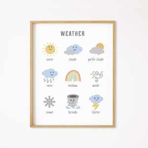 Affiche météo, impression météo, affiche éducative, école à la maison à imprimer, chambre de bébé Montessori, décoration pour enfants, salle de jeux pour tout-petits, téléchargement numérique