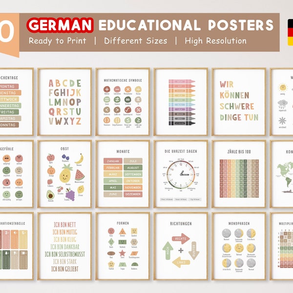 30 carteles educativos alemanes, carteles de aprendizaje alemán, imprimibles en casa, aula Montessori, decoración de sala de juegos para niños neutrales, DIGITAL