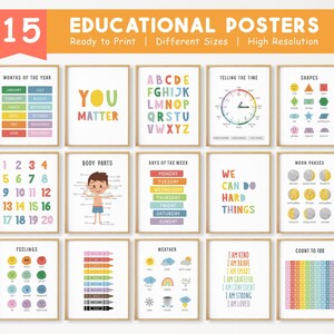 Conjunto de 15 carteles educativos, decoración de aula Montessori, imprimible para educación en casa, decoración infantil arcoíris, sala de juegos para niños pequeños, descarga digital