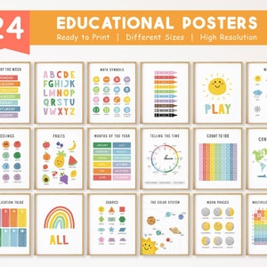 Conjunto de 24 carteles educativos, decoración de aula Montessori, imprimible para educación en casa, decoración infantil arcoíris, póster del alfabeto, descarga digital