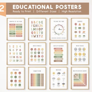 12 Lernposter, Montessori Klassenzimmer Dekor, Homeschool Printable, Neutral Kinder Dekor, ABC Poster, DIGITAL DOWNLOAD