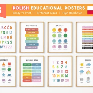 8 carteles educativos en polaco, carteles para aprender polaco, imprimibles para la educación en casa en polaco, decoración arcoíris para la sala de juegos infantil, descarga digital