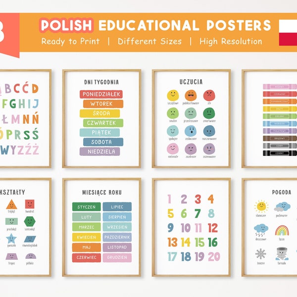 8 Polish Educational Posters, Polish Learning Posters, Homeschool Printable in Polish, Rainbow Kids Playroom Decor, DIGITAL DOWNLOAD