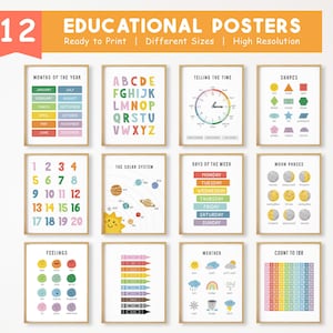 12 Lernposter, Montessori Klassenzimmer Dekor, Homeschool Printable, Regenbogen Kinder Spielzimmer Dekor, ABC Poster, DIGITAL DOWNLOAD