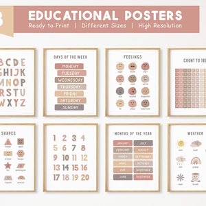 Juego de 8 carteles educativos, decoración de aula Montessori, imprimible para educación en casa, decoración infantil neutra, sala de juegos bohemia para niños pequeños, descarga digital