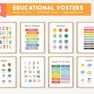 Conjunto de 8 carteles educativos, decoración de aula Montessori, imprimible para educación en casa, decoración de sala de juegos infantil con arcoíris, póster del alfabeto, descarga digital
