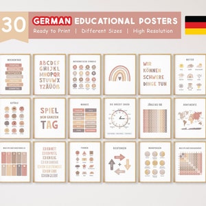 30 deutsche Lernposter, Lernposter Deutsch, Homeschool zum Ausdrucken, Montessori Klassenzimmer, Boho Kinder Spielzimmer Dekor, Mädchenzimmer