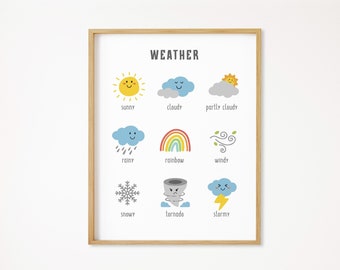 Affiche météo, impression météo, décoration murale pour enfants, affiche éducative, décor d'école à la maison, pépinière Montessori, salle de jeux pour tout-petits, TÉLÉCHARGEMENT NUMÉRIQUE