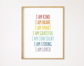 Affirmations for Kids, Classroom Posters, Homeschool Decor, Rainbow Playroom Decor, I am Kind Smart Loved, Nursery Decor, Digital Download