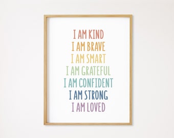 Affirmations for Kids, Homeschool Decor, Classroom Posters, Rainbow Playroom Decor, I am Kind Smart Loved, Nursery Decor, Digital Download