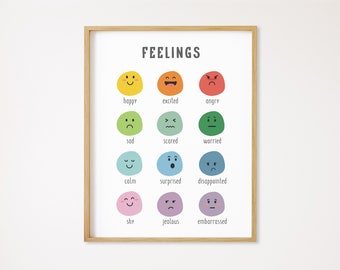 Pode incluir: Um gráfico colorido com a palavra "FEELINGS" no topo e 12 emoções diferentes ilustradas com rostos de desenhos animados. Cada emoção é rotulada com uma palavra abaixo do rosto, como "feliz", "triste", "com raiva", "com medo", "preocupado", "calmo", "surpreso", "decepcionado", "tímido", "ciumento", e "embaraçado".