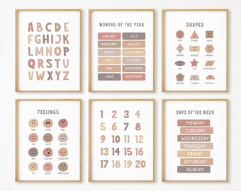 6 Educational Posters, Montessori Classroom Decor, Homeschool Printable, Alphabet Chart, ABC Poster, Boho Toddler Playroom, DIGITAL DOWNLOAD