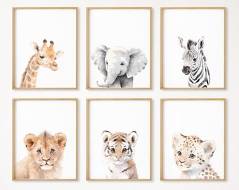 Decoración de vivero Safari, conjunto de 6, impresiones de vivero Safari, arte de pared de vivero Boho, impresiones de animales de bebé Safari, regalo de guardería, descarga digital