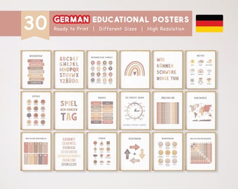 Op de afbeelding: Set van 30 printbare educatieve posters in het Duits. De posters behandelen verschillende onderwerpen, waaronder het alfabet, de dagen van de week, de maanden van het jaar, getallen, richtingen, weer en continenten. De posters zijn ontworpen in een minimalistische stijl met een neutrale kleurenpalet in beige, bruin en roze.