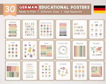 30 German Educational Posters, German Learning Posters, Homeschool Printable, Montessori Classroom, Neutral Kids Playroom Decor, DIGITAL