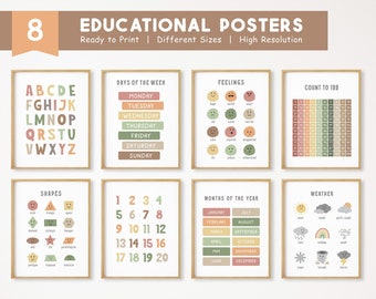 Conjunto de 8 carteles educativos, decoración de aula Montessori, imprimible para educación en casa, decoración infantil neutra, sala de juegos para niños pequeños, descarga digital