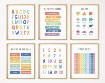 Set of 6 Educational Posters, Montessori Classroom Decor, Homeschool Printable, Boho Rainbow Kids Decor, Toddler Playroom, DIGITAL DOWNLOAD