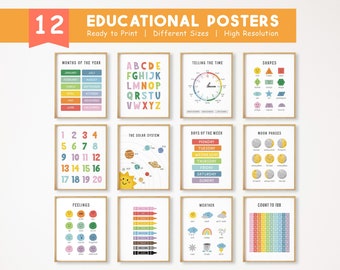12 Educational Posters, Montessori Classroom Decor, Homeschool Printable, Rainbow Kids Playroom Decor, ABC poster,DIGITAL DOWNLOAD