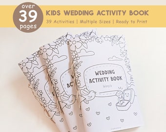 May include: A stack of three black and white printable activity books for kids with a wedding theme. The cover features a cartoon ring in a box with a smiling face and the text "Wedding Activity Book belongs to".