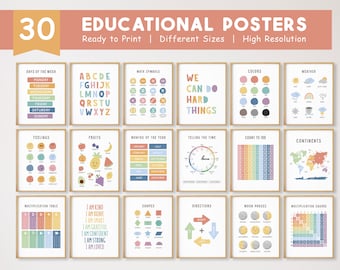 30 Educational Posters, Montessori Classroom Decor, Homeschool Printable, Boho Rainbow Kids Decor, ABC Poster, DIGITAL DOWNLOAD