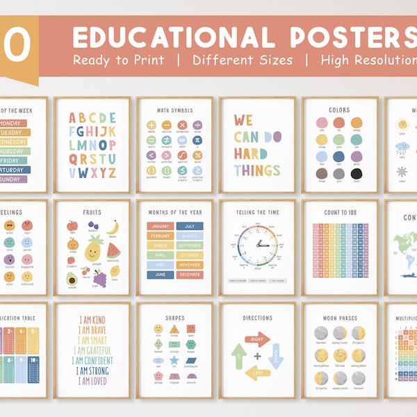 30 Educational Posters, Montessori Classroom Decor, Homeschool Printable, Boho Rainbow Kids Decor, ABC Poster, DIGITAL DOWNLOAD