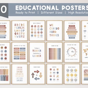 Conjunto de 30 carteles educativos imprimibles para la educación en casa, decoración infantil neutra, decoración de aula Montessori, sala de juegos para niños pequeños, descarga digital