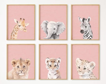 Safari Nursery Decor, Set of 6, Safari Nursery Prints, Boho Nursery Wall Art, Safari Baby Animal Prints, Nursery Gift, Digital Files, Girl