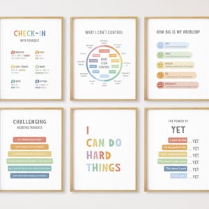 May include: Six printable posters with a rainbow color scheme, featuring positive affirmations and self-help tips. The posters include phrases like "Check-in with yourself", "What I can't control", "How big is my problem?", "Challenging negative thoughts", "I can do hard things", and "The power of yet".