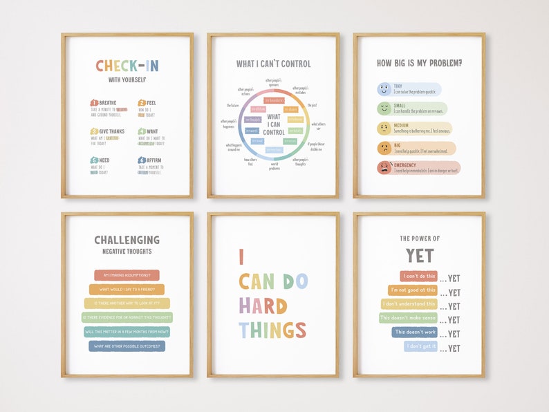 May include: Six printable posters with a rainbow color scheme, featuring positive affirmations and self-help tips. The posters include phrases like "Check-in with yourself", "What I can't control", "How big is my problem?", "Challenging negative thoughts", "I can do hard things", and "The power of yet".