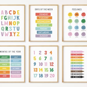 Juego de 6 carteles educativos, decoración de aula Montessori, imprimible para educación en casa, decoración de sala de juegos infantil con arcoíris, póster del alfabeto, descarga digital