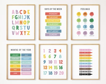 Juego de 6 carteles educativos, decoración de aula Montessori, imprimible para educación en casa, decoración de sala de juegos infantil con arcoíris, póster del alfabeto, descarga digital