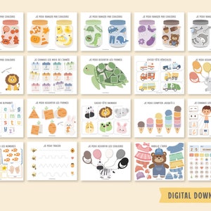 Op de afbeelding: Een set van 16 printbare activiteitenkaarten voor kinderen in het Frans. De kaarten bevatten kleurrijke illustraties en activiteiten zoals het matchen van kleuren, tellen, sorteren en traceren. De kaarten zijn ontworpen om kinderen te helpen basisvaardigheden en concepten te leren.