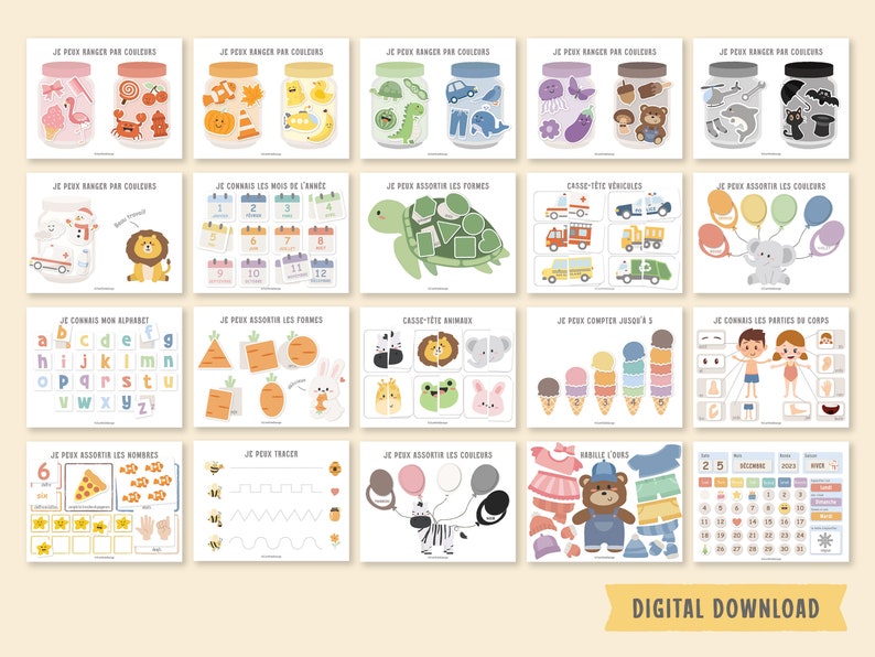 Op de afbeelding: Een set van 16 printbare activiteitenkaarten voor kinderen in het Frans. De kaarten bevatten kleurrijke illustraties en activiteiten zoals het matchen van kleuren, tellen, sorteren en traceren. De kaarten zijn ontworpen om kinderen te helpen basisvaardigheden en concepten te leren.