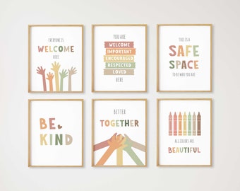 6 impressions d’inclusion, art mural inclusif, décor de classe inclusif, tout le monde est le bienvenu, panneau d’espace sûr, travailleur social, conseiller scolaire