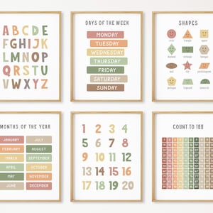 Set of 6 Educational Posters, Montessori Classroom Decor, Homeschool Printable, Neutral Kids Decor, Toddler Playroom, DIGITAL DOWNLOAD