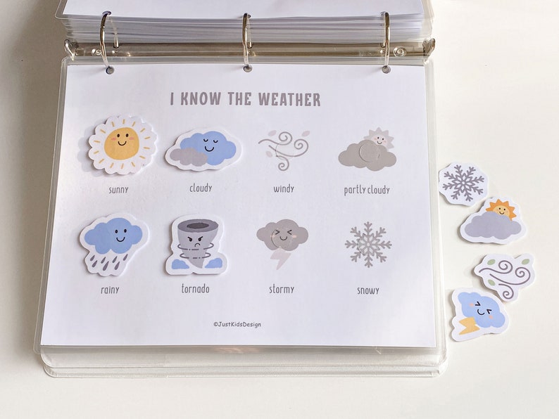 May include: A white sheet with the title "I Know The Weather" and colourful weather icons with corresponding text labels: sunny, cloudy, windy, partly cloudy, rainy, tornado, stormy, snowy. The icons are cartoon-like and feature smiling faces.