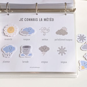 Op de afbeelding: Een wit vel papier met de titel "Je Connais La M&eacute;t&eacute;o" en illustraties van verschillende weersomstandigheden, waaronder zonnig, bewolkt, winderig, gedeeltelijk bewolkt, regenachtig, stormachtig, besneeuwd en mistig. Elke illustratie heeft een bijbehorend Frans woord voor de weersomstandigheid.