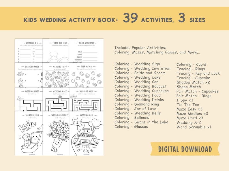 Kids Wedding Activity Book, Wedding Coloring Book, Kids Activity Book, Printable Wedding Coloring, Wedding Table Games, Wedding Favors