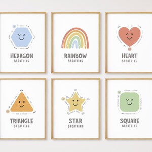 May include: Six printable posters with different shapes and colors, each with a smiling face and the text "[shape] breathing". The shapes are a hexagon, rainbow, heart, triangle, star, and square.