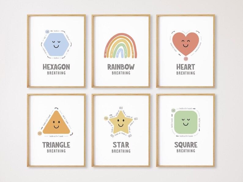 May include: Six printable posters with different shapes and colors, each with a smiling face and the text "[shape] breathing". The shapes are a hexagon, rainbow, heart, triangle, star, and square.