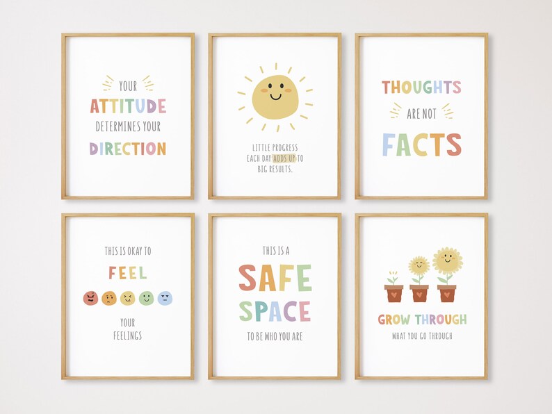 May include: Six colorful framed prints with motivational quotes and illustrations. The quotes include "Your attitude determines your direction", "Little progress each day adds up to big results", "Thoughts are not facts", "This is okay to feel your feelings", "This is a safe space to be who you are", and "Grow through what you go through".