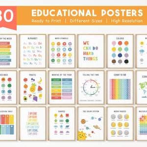 Conjunto de 30 carteles educativos imprimibles para la educación en casa, decoración de aulas Montessori, póster del alfabeto, decoración de salas de juegos para niños pequeños, descarga digital